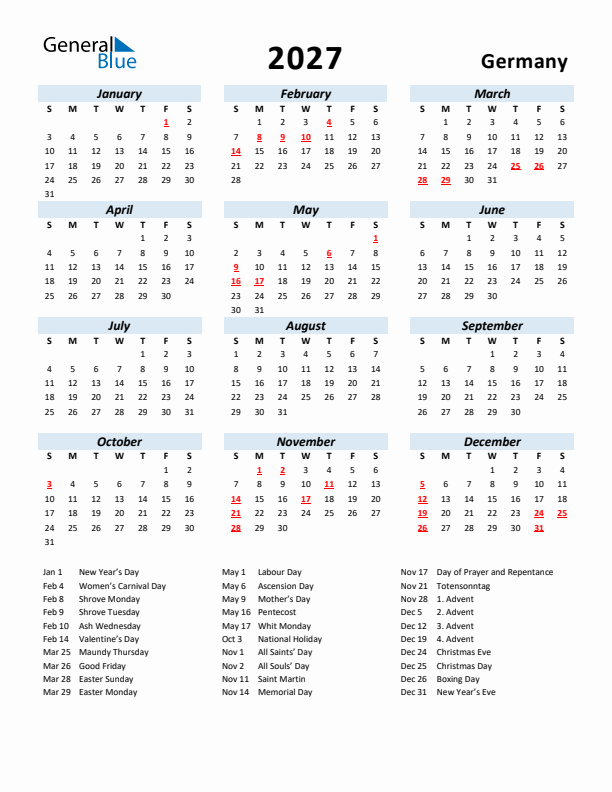 2027 Calendar for Germany with Holidays
