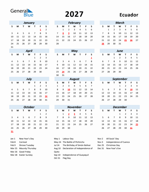 2027 Calendar for Ecuador with Holidays