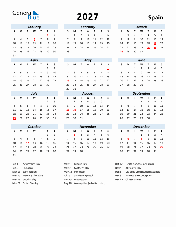 2027 Calendar for Spain with Holidays