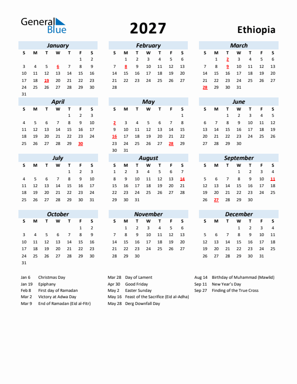 2027 Calendar for Ethiopia with Holidays