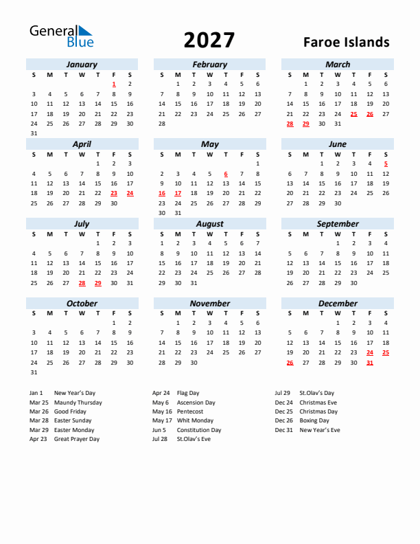 2027 Calendar for Faroe Islands with Holidays