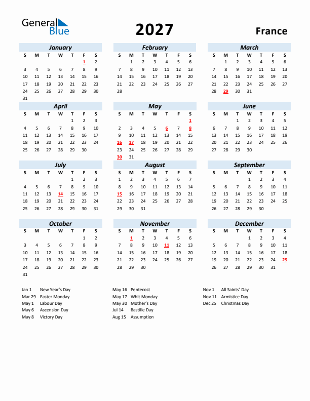 2027 Calendar for France with Holidays