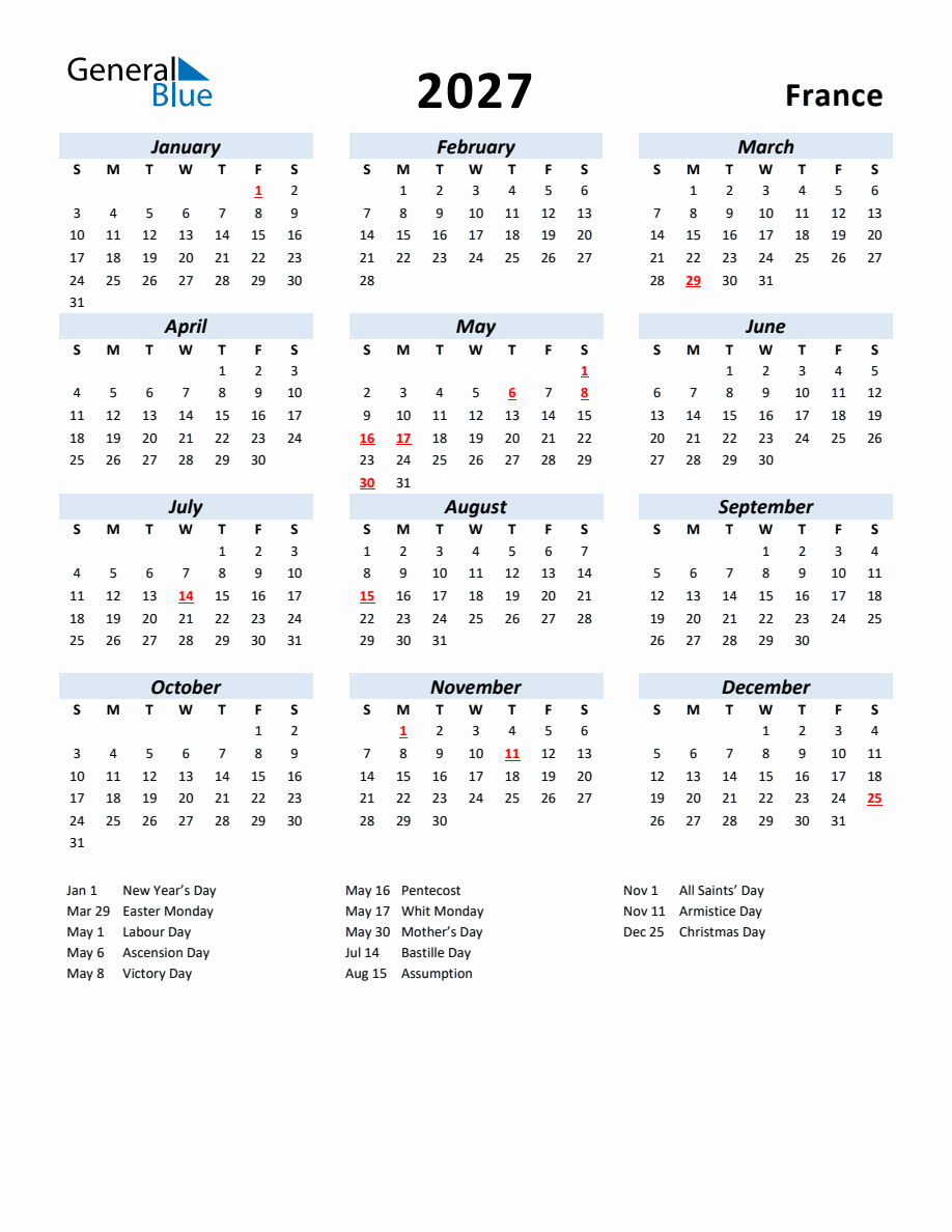 2027 Yearly Calendar for France with Holidays