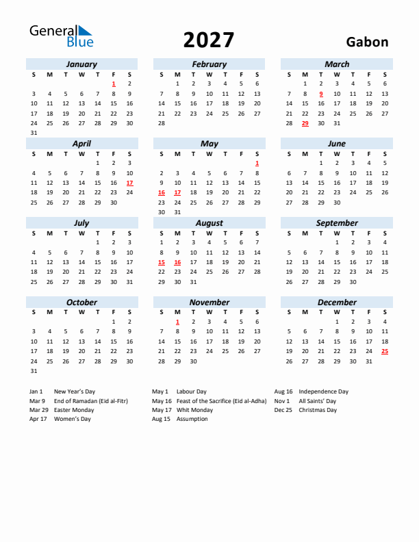 2027 Calendar for Gabon with Holidays