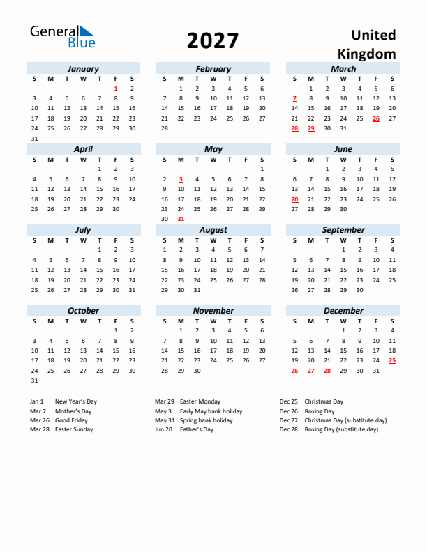 2027 Calendar for United Kingdom with Holidays