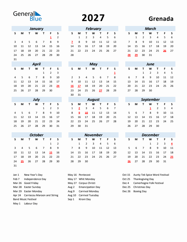 2027 Calendar for Grenada with Holidays