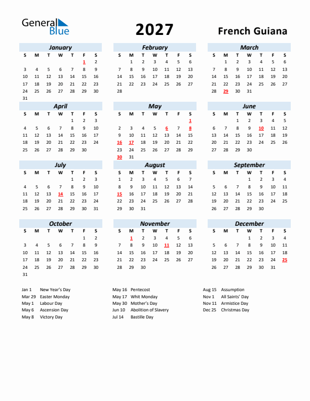 2027 Calendar for French Guiana with Holidays