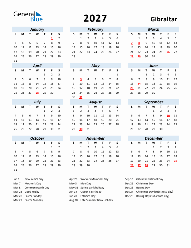 2027 Calendar for Gibraltar with Holidays