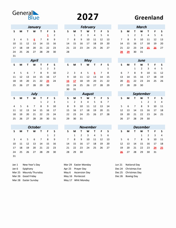 2027 Calendar for Greenland with Holidays