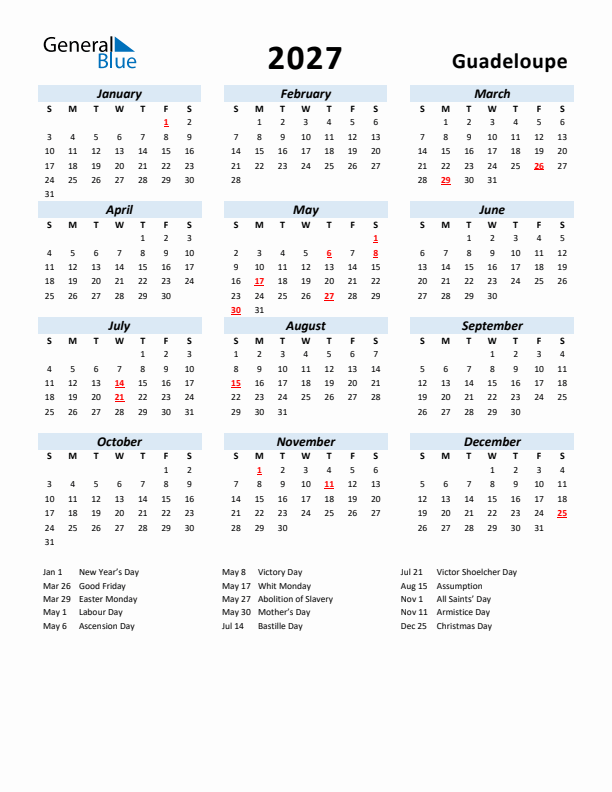 2027 Calendar for Guadeloupe with Holidays