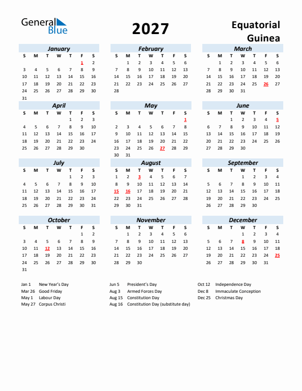 2027 Calendar for Equatorial Guinea with Holidays