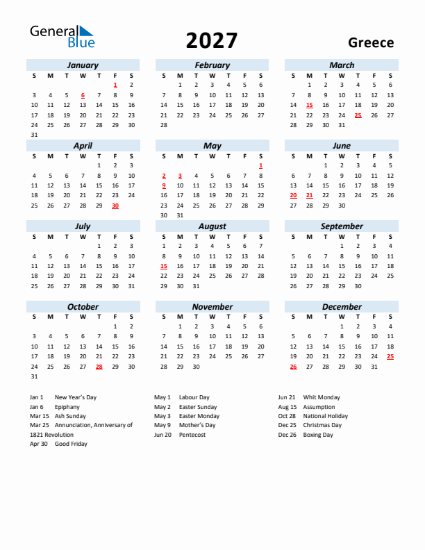 2027 Calendar for Greece with Holidays