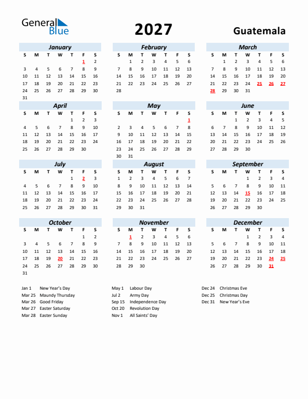 2027 Calendar for Guatemala with Holidays