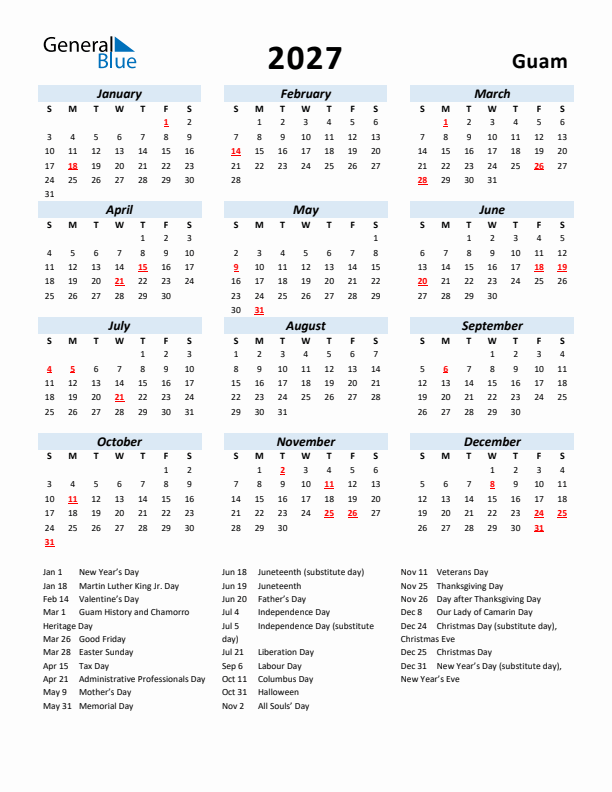 2027 Calendar for Guam with Holidays