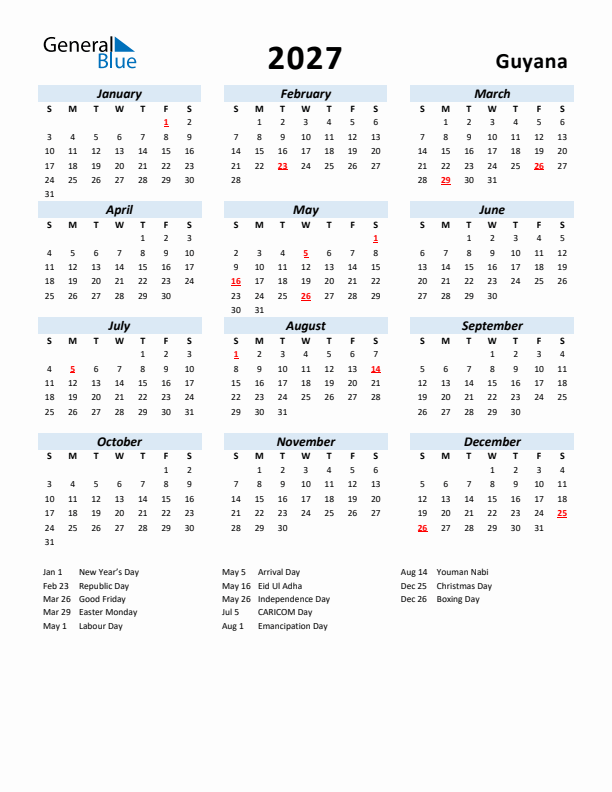 2027 Calendar for Guyana with Holidays
