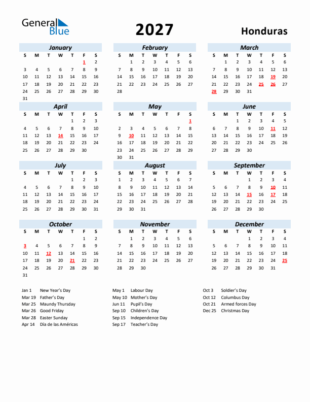 2027 Calendar for Honduras with Holidays