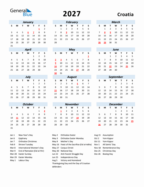 2027 Calendar for Croatia with Holidays