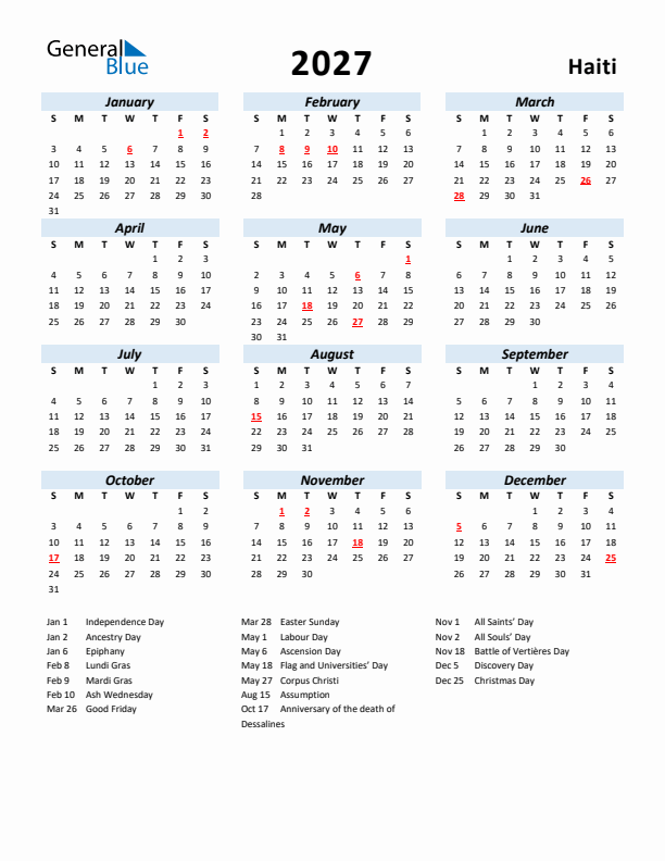 2027 Calendar for Haiti with Holidays