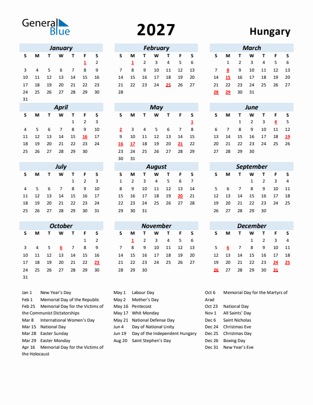 2027 Calendar for Hungary with Holidays