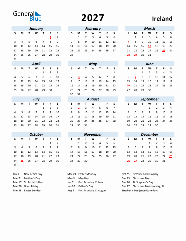 2027 Calendar for Ireland with Holidays