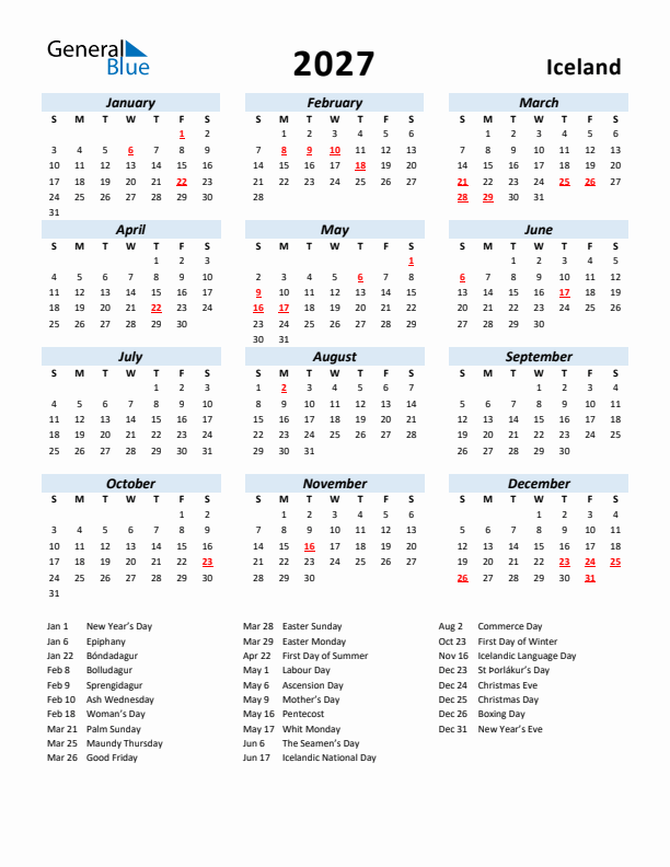 2027 Calendar for Iceland with Holidays