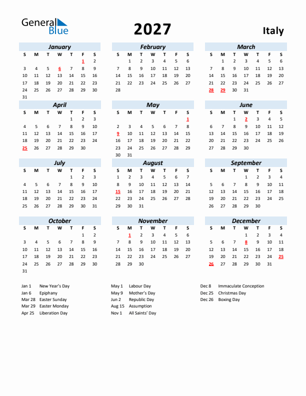 2027 Calendar for Italy with Holidays