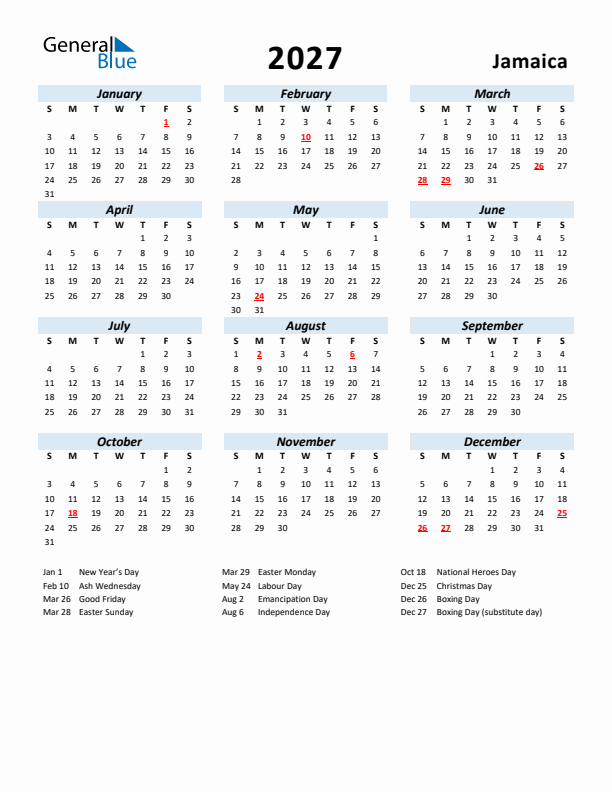 2027 Calendar for Jamaica with Holidays