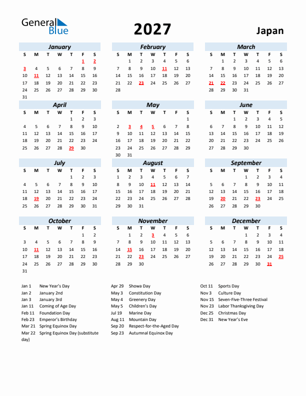 2027 Calendar for Japan with Holidays