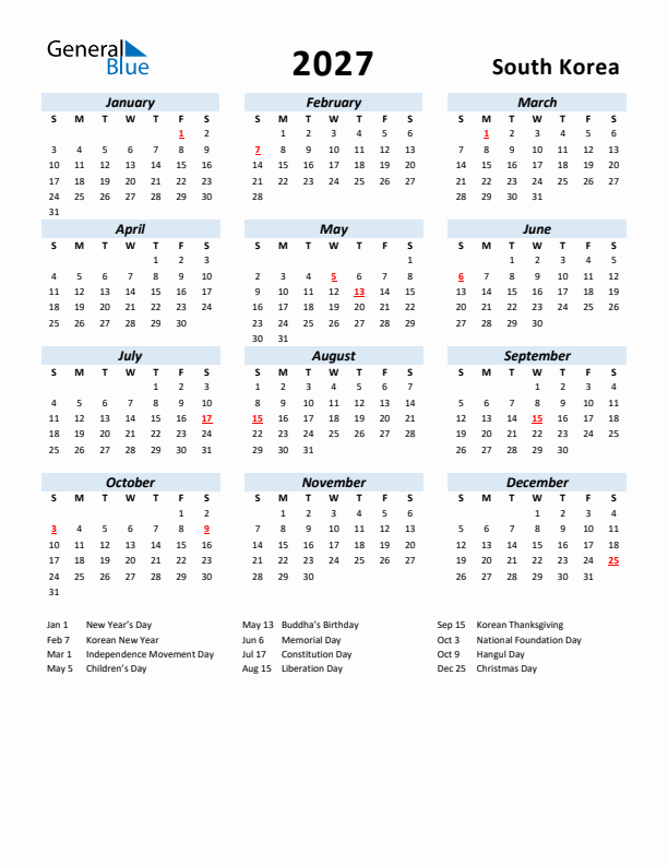 2027 Calendar for South Korea with Holidays