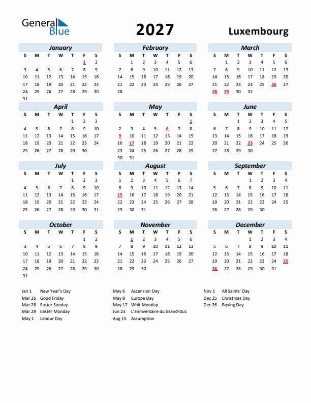 2027 Calendar for Luxembourg with Holidays