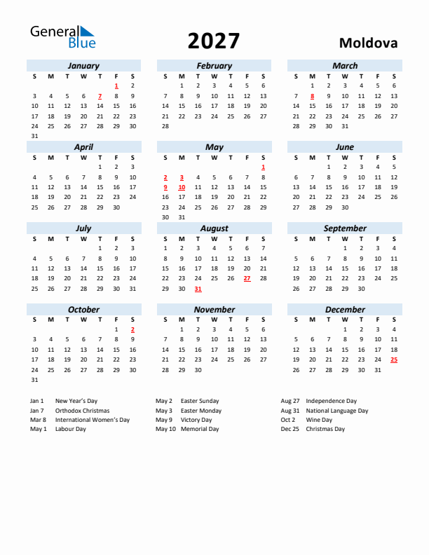 2027 Calendar for Moldova with Holidays