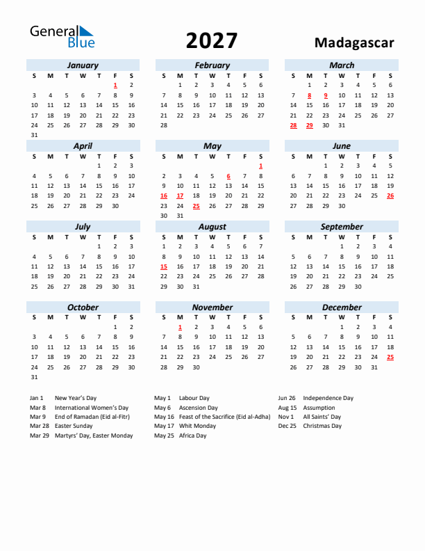 2027 Calendar for Madagascar with Holidays