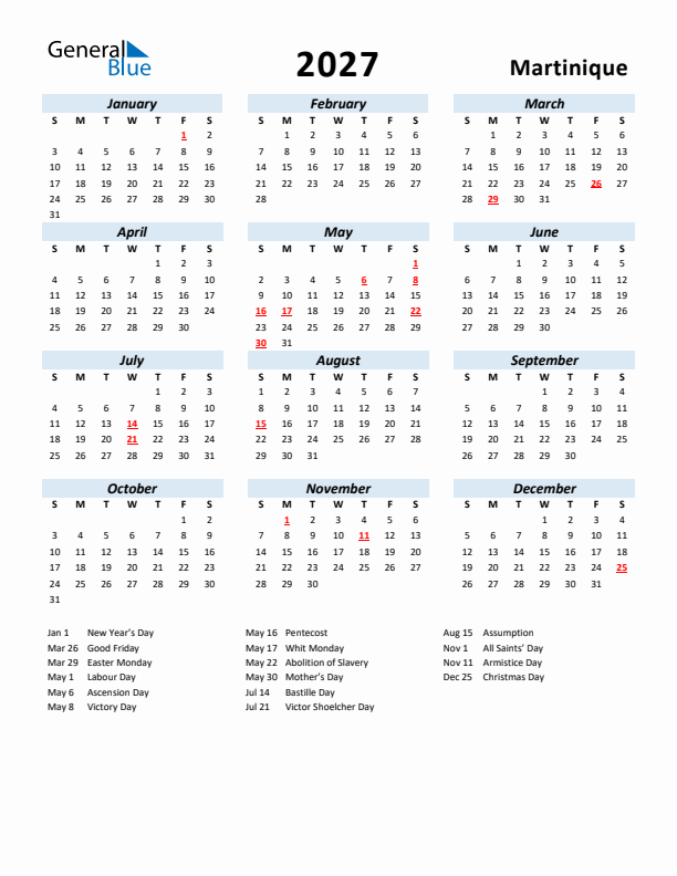 2027 Calendar for Martinique with Holidays