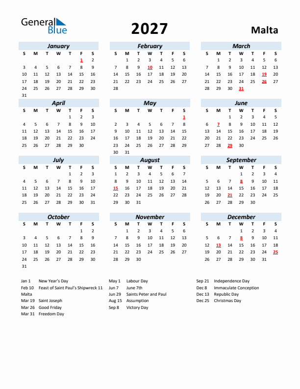 2027 Calendar for Malta with Holidays
