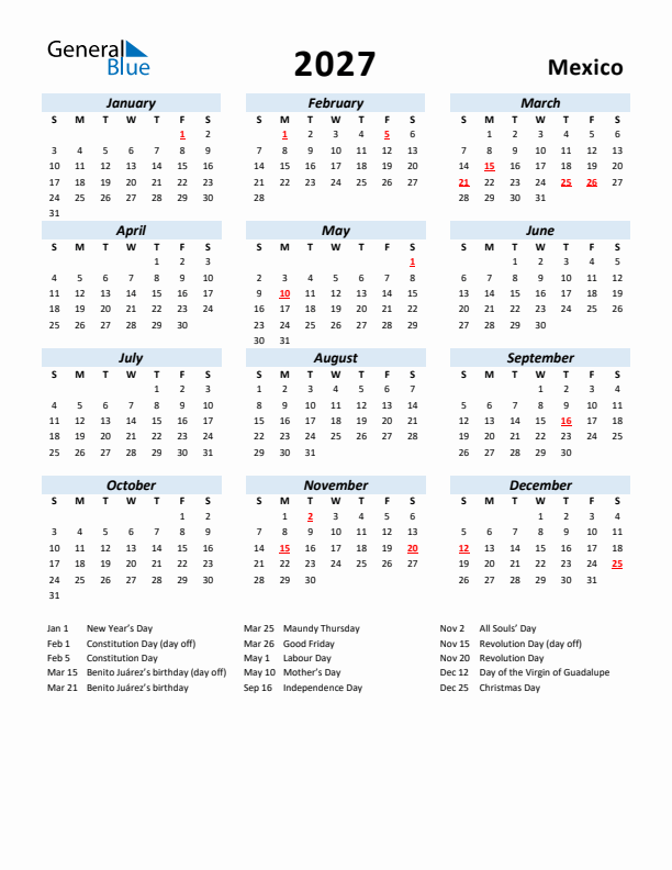 2027 Calendar for Mexico with Holidays