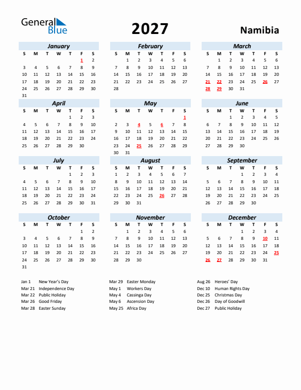 2027 Calendar for Namibia with Holidays