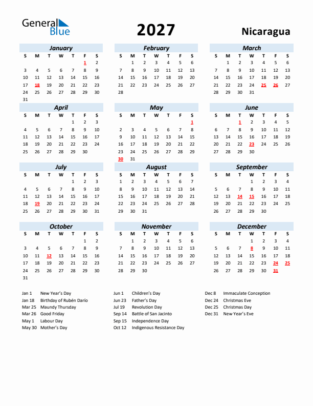 2027 Calendar for Nicaragua with Holidays