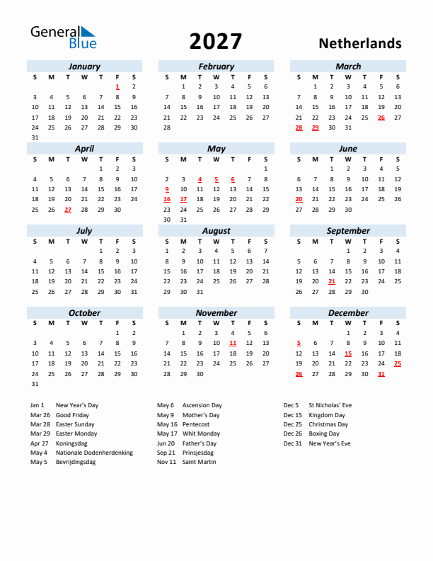 2027 Calendar for The Netherlands with Holidays