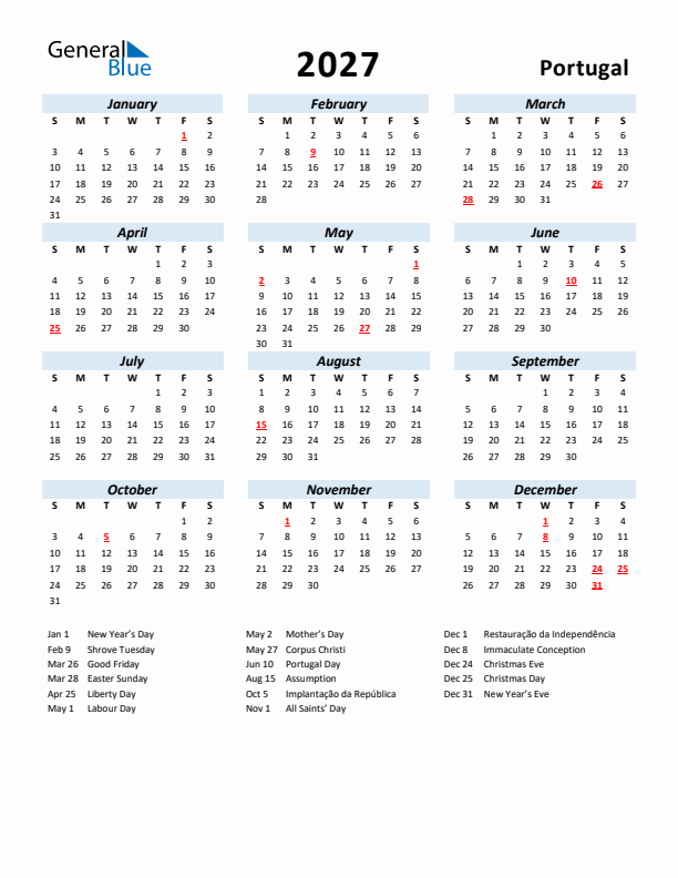 2027 Calendar for Portugal with Holidays