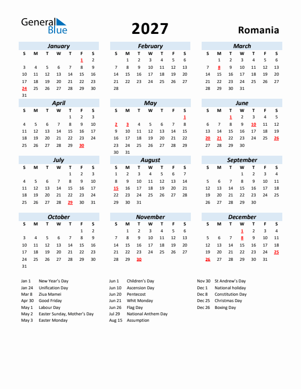 2027 Calendar for Romania with Holidays
