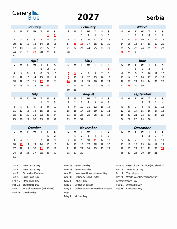 2027 Calendar for Serbia with Holidays