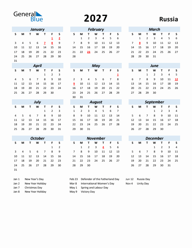 2027 Calendar for Russia with Holidays