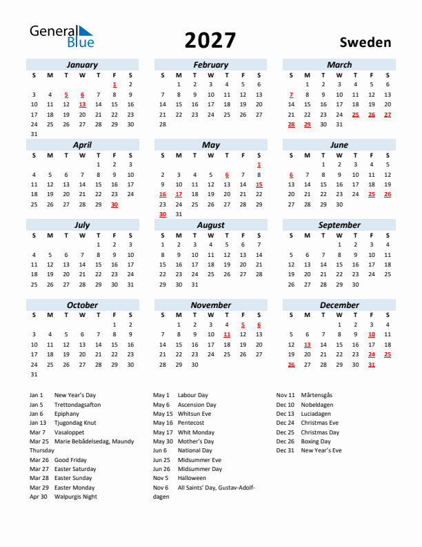 2027 Calendar for Sweden with Holidays