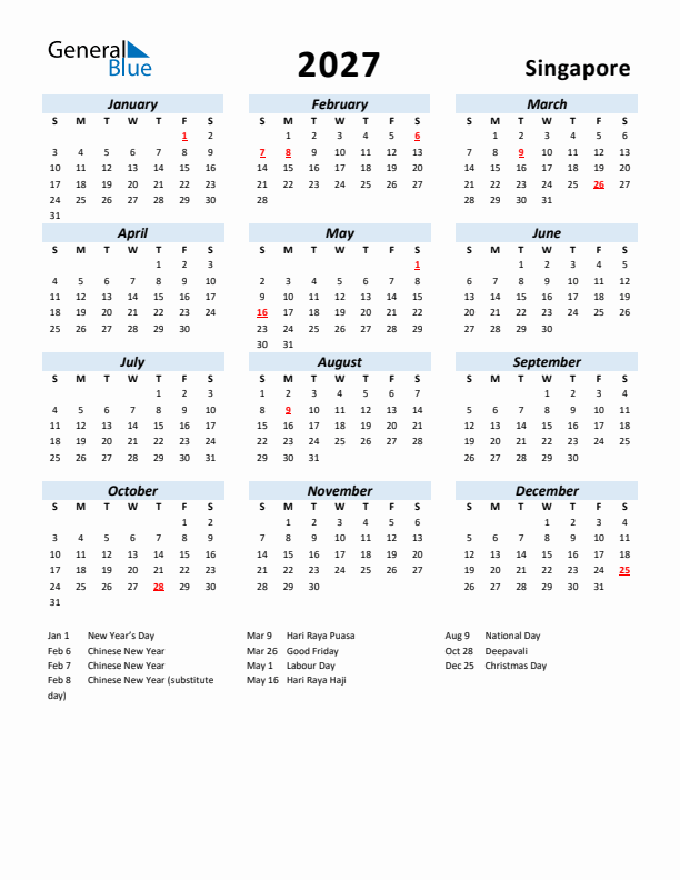 2027 Calendar for Singapore with Holidays
