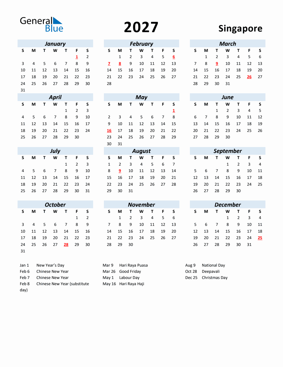 2027 Yearly Calendar for Singapore with Holidays