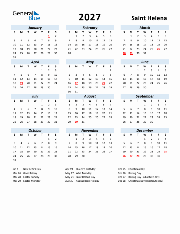 2027 Calendar for Saint Helena with Holidays