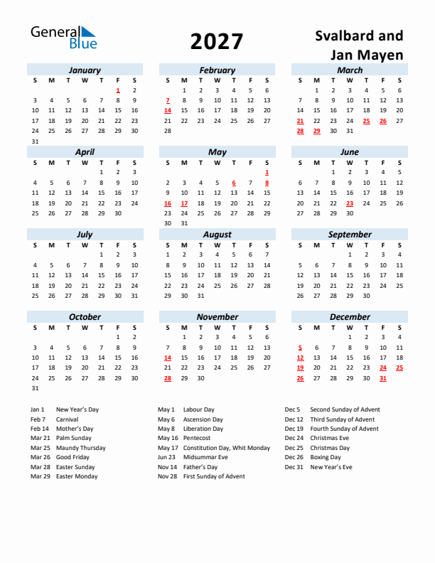 2027 Calendar for Svalbard and Jan Mayen with Holidays
