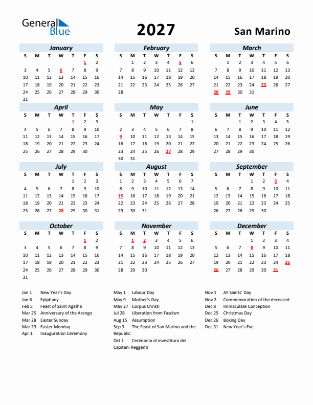 2027 Calendar for San Marino with Holidays