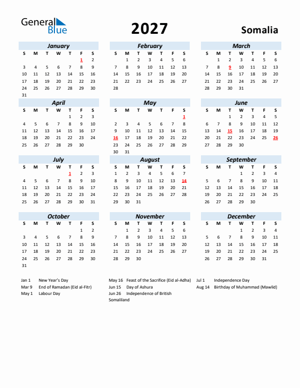 2027 Calendar for Somalia with Holidays