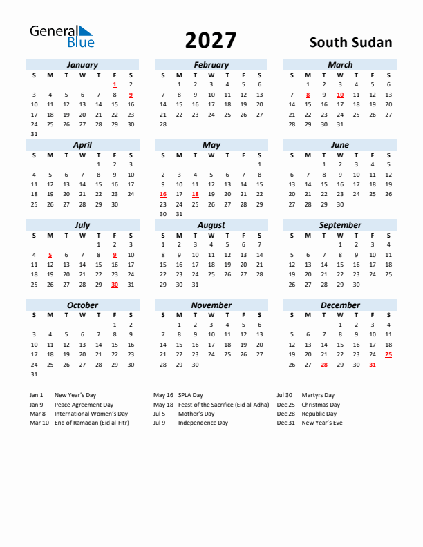 2027 Calendar for South Sudan with Holidays